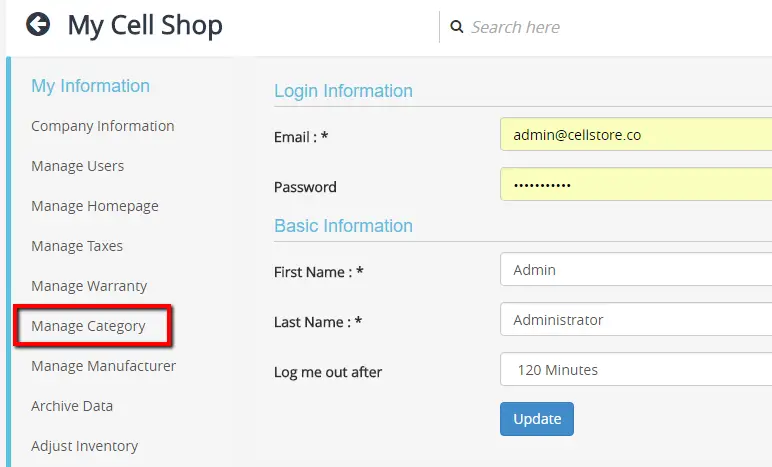 Manage Category screen in CellStore software