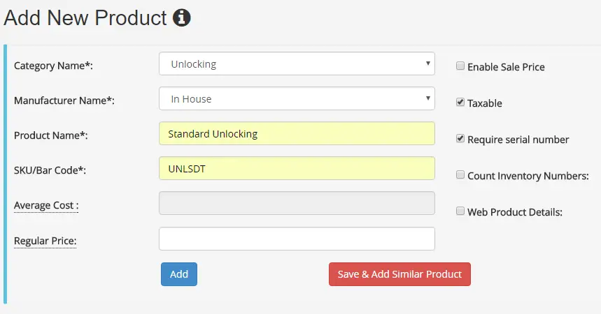 Add New Product form fields in CellStore software