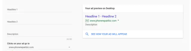 Google AdWords ad format showing headline and description character limits.