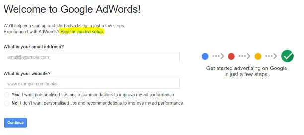 Google AdWords welcome screen with the option to skip the guided setup.