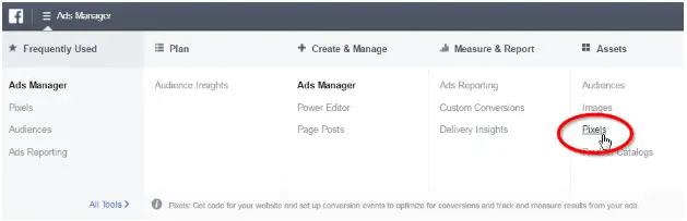 Facebook Ads Manager showing Pixel setup option for tracking website visitors