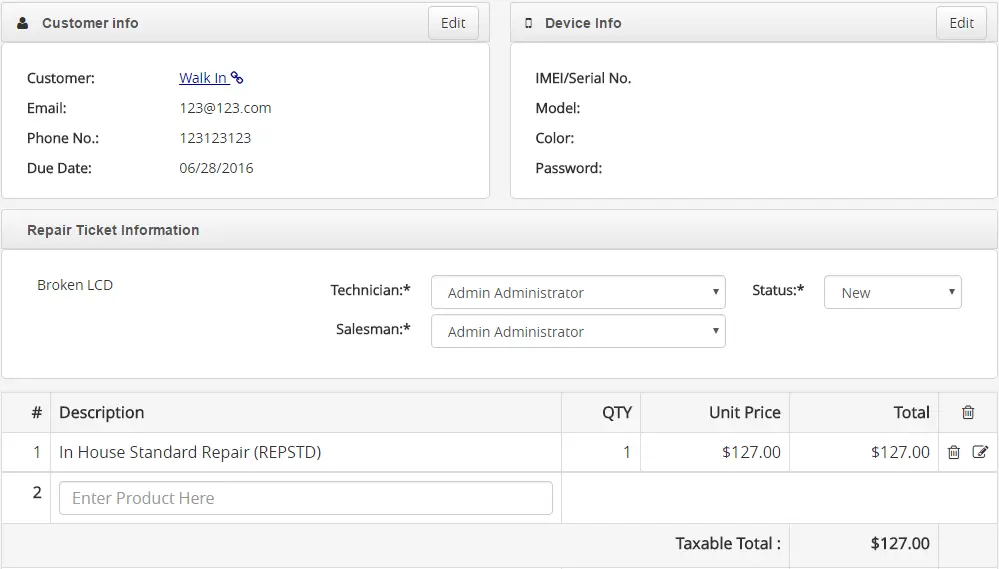 cellstore_all-Example screen of multiple predefined all-in repair services listed in CellStore Software.