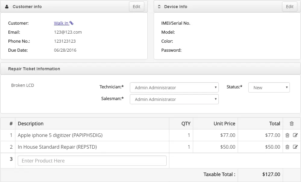 CellStore Software example of repair ticket with separate parts and labor pricing.