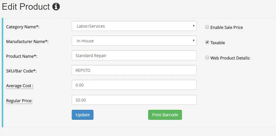 CellStore Software interface showing how to add a new labor/service product for all-in pricing.