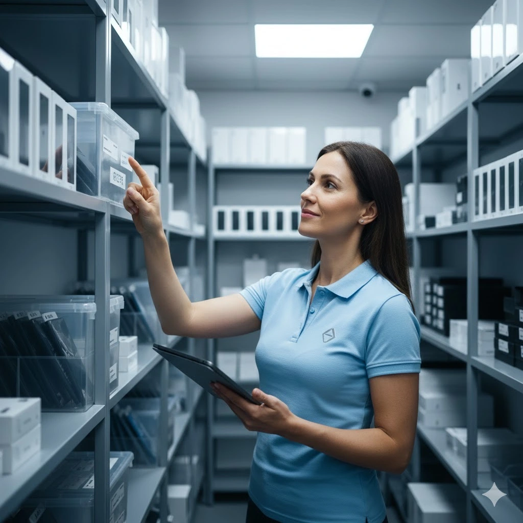A young female salesman counting inventory using POS