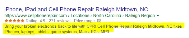 Meta description optimization example in Google search results