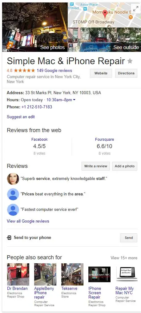 Local phone repair business listing on Google My Business with 4-star ratin