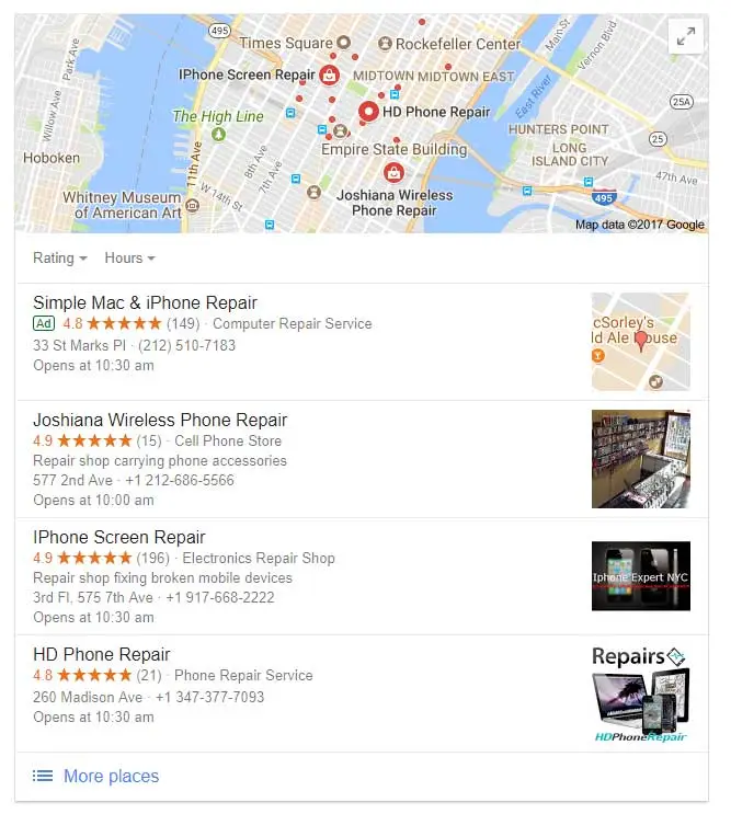 Google Maps local search results for phone repair services with contact options