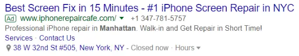 Example of a Google Pay-Per-Click ad appearing at the top of search engine results.