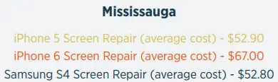 Mississauga repair prices compared to Toronto and North Toronto